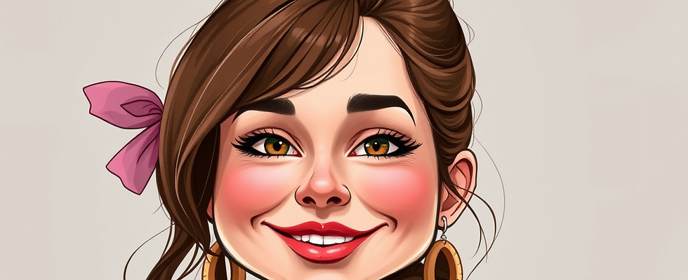 Smiling cartoon-style woman with brown hair, hoop earrings, and a pink bow